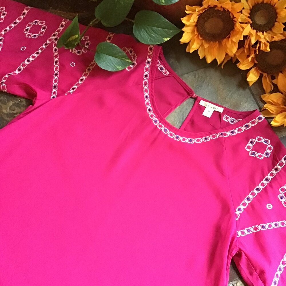 Miami Hot Pink SS Top w/Embellished ¾ Sleeves (NEW) - Picture 2 of 10